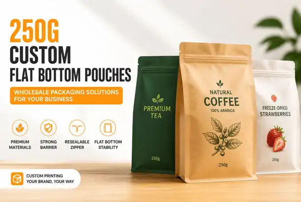 Are there suppliers that provide wholesale 250g custom flat bottom pouches?